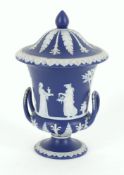 A Wedgwood blue jasper-dip Campana vase and cover