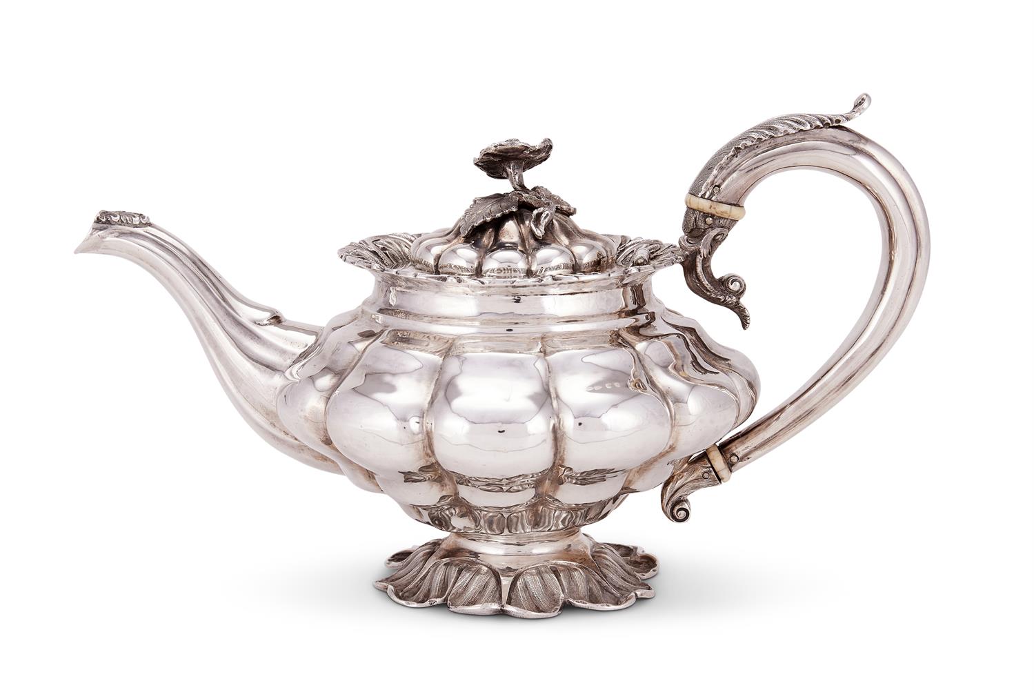 Y A William IV silver melon lobed tea pot by John James Whiting