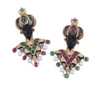 A pair of ruby, emerald and cultured pearl Othello brooches by Nardi