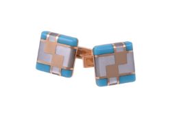 Y A pair of mother of pearl and turquoise cufflinks by William & Son