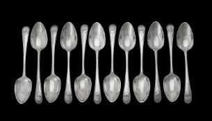 A set of twelve George III Irish bright cut Old English pattern tea spoons by John Bolland