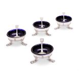 A set of four George I or II Irish silver cauldron salt cellars by John Hamilton