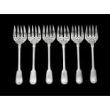 A set of six Victorian silver fiddle and thread pattern serving forks by George Adams
