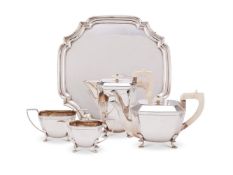 Y An Art Deco silver canted-rectangular four piece tea service on a salver by Viners