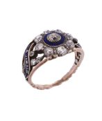 A diamond and blue enamel sentimental ring