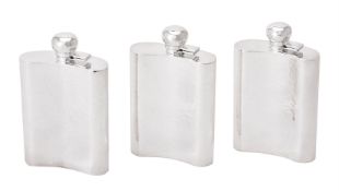 Three silver planished spirit flasks by William & Son (William Rolls Asprey)