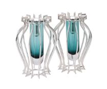 A pair of medium silver and Murano glass Classical Profile vases by William & Son (William Rolls Asp