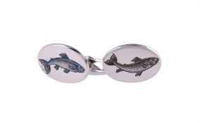 A pair of enamelled rainbow trout cufflinks by William & Son