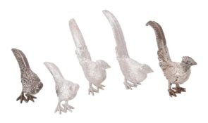 Five silver models of pheasants