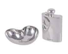 A silver heart shaped dish and a spirit flask by William & Son (William Rolls Asprey)