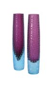 A pair of modern tall Murano pale blue, amethyst and clear glass facetted cylindrical Skittle vases