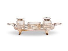 A SILVER NAVETTE SHAPED TWO BOTTLE INKSTAND BY ELKINGTON & CO.