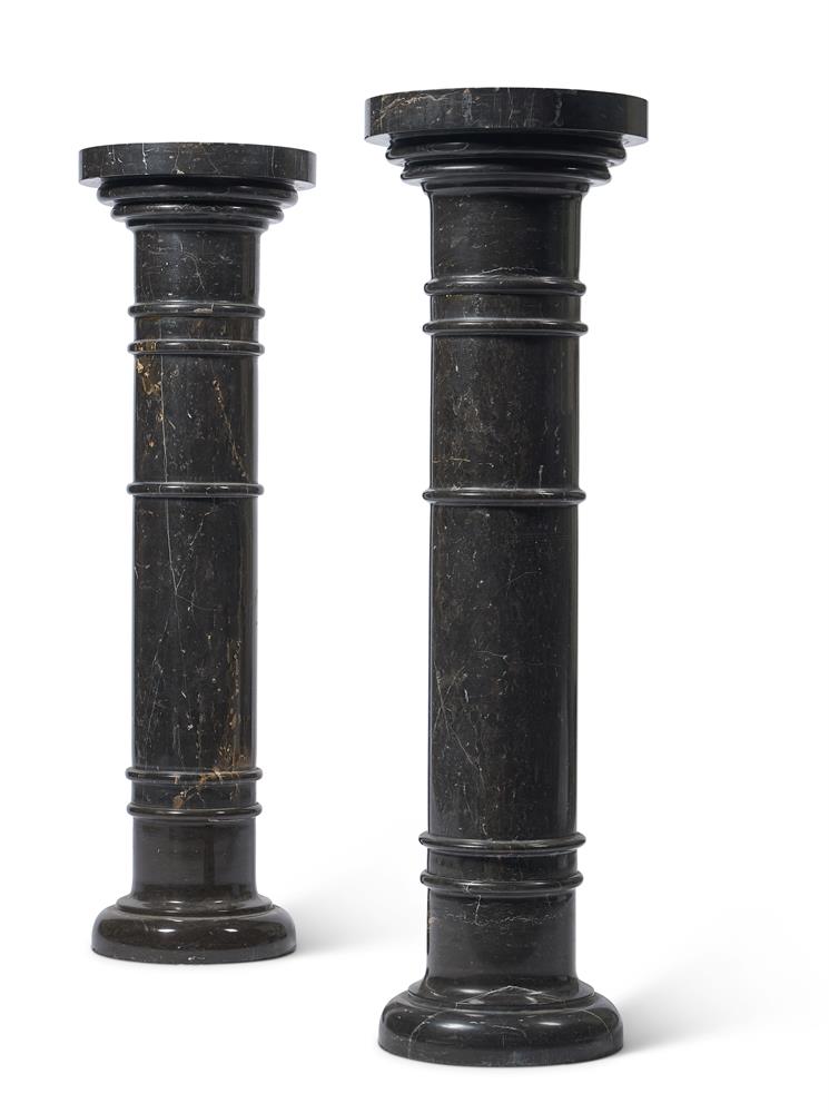 A PAIR OF DARK GREY MARBLE CYLINDRICAL PEDESTALS, LATE 19TH CENTURY