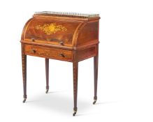 Y AN EDWARDIAN ROSEWOOD AND SATINWOOD BANDED CYLINDER BUREAU, IN GEORGE III STYLE