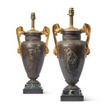 A PAIR OF PATINATED AND GILT BRONZE VASE LAMPS, CIRCA 1880