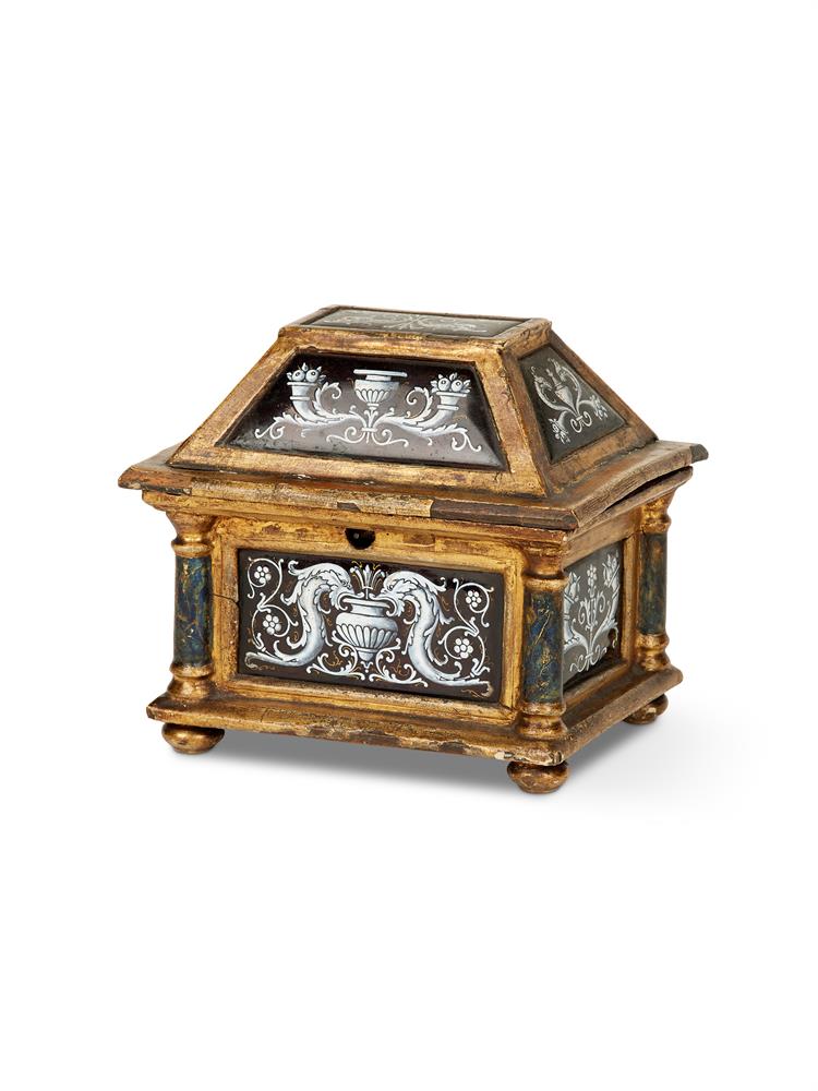 A RENAISSANCE REVIVIAL GILT GESSO AND ENAMEL CASKET