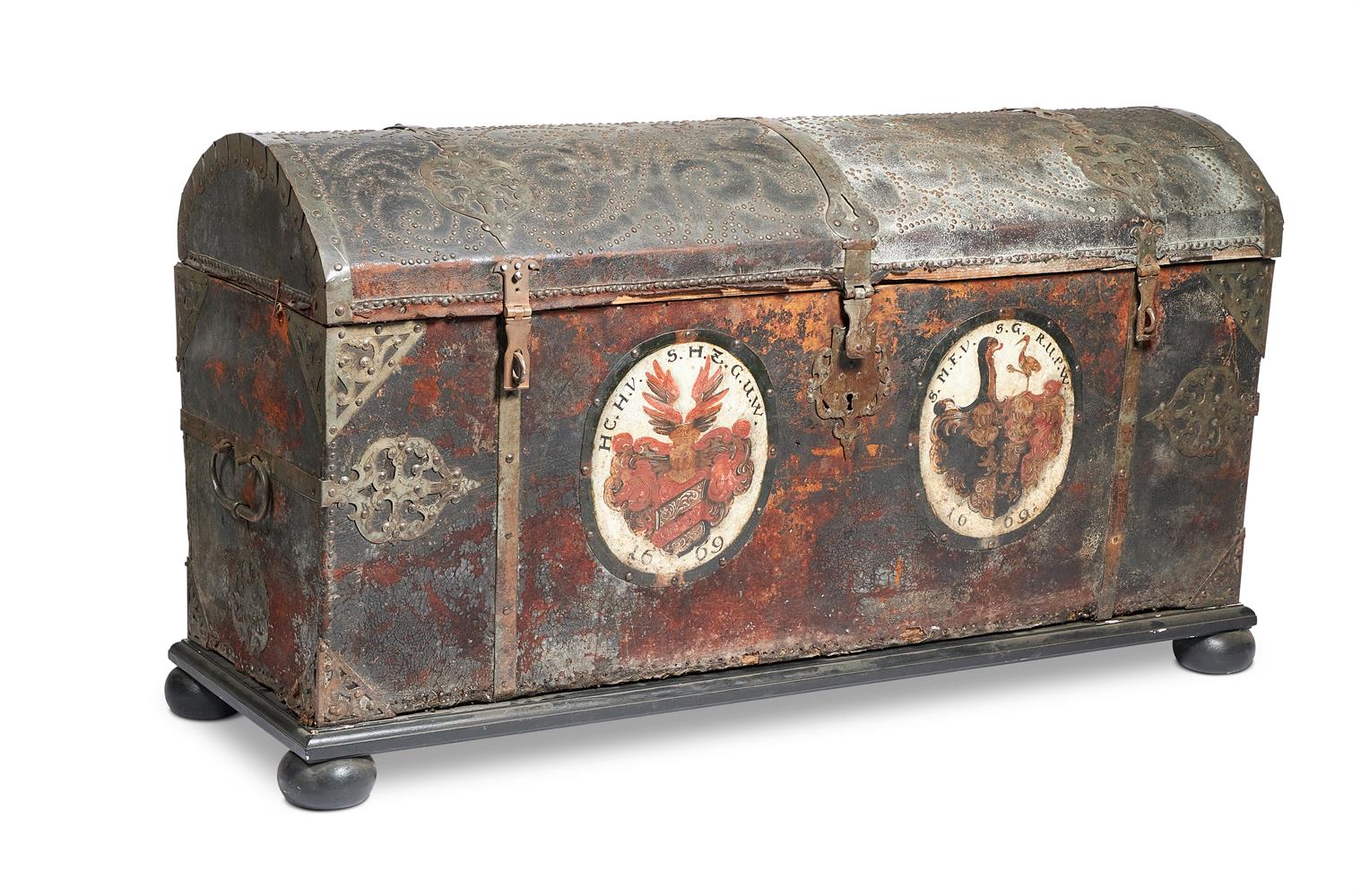 A PAIR OF GERMAN IRON MOUNTED LEATHER CHESTS, LATE 17TH CENTURY - Image 2 of 6