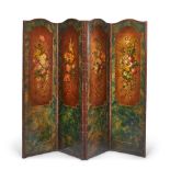 A PAINTED LEATHER FOUR FOLD SCREEN, LATE 19TH CENTURY