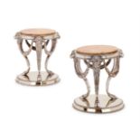 A PAIR OF VICTORIAN ELECTRO-PLATED AND MARBLE MOUNTED CIRCULAR STANDS