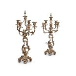 A PAIR OF SILVERED SIX BRANCH CANDELABRA