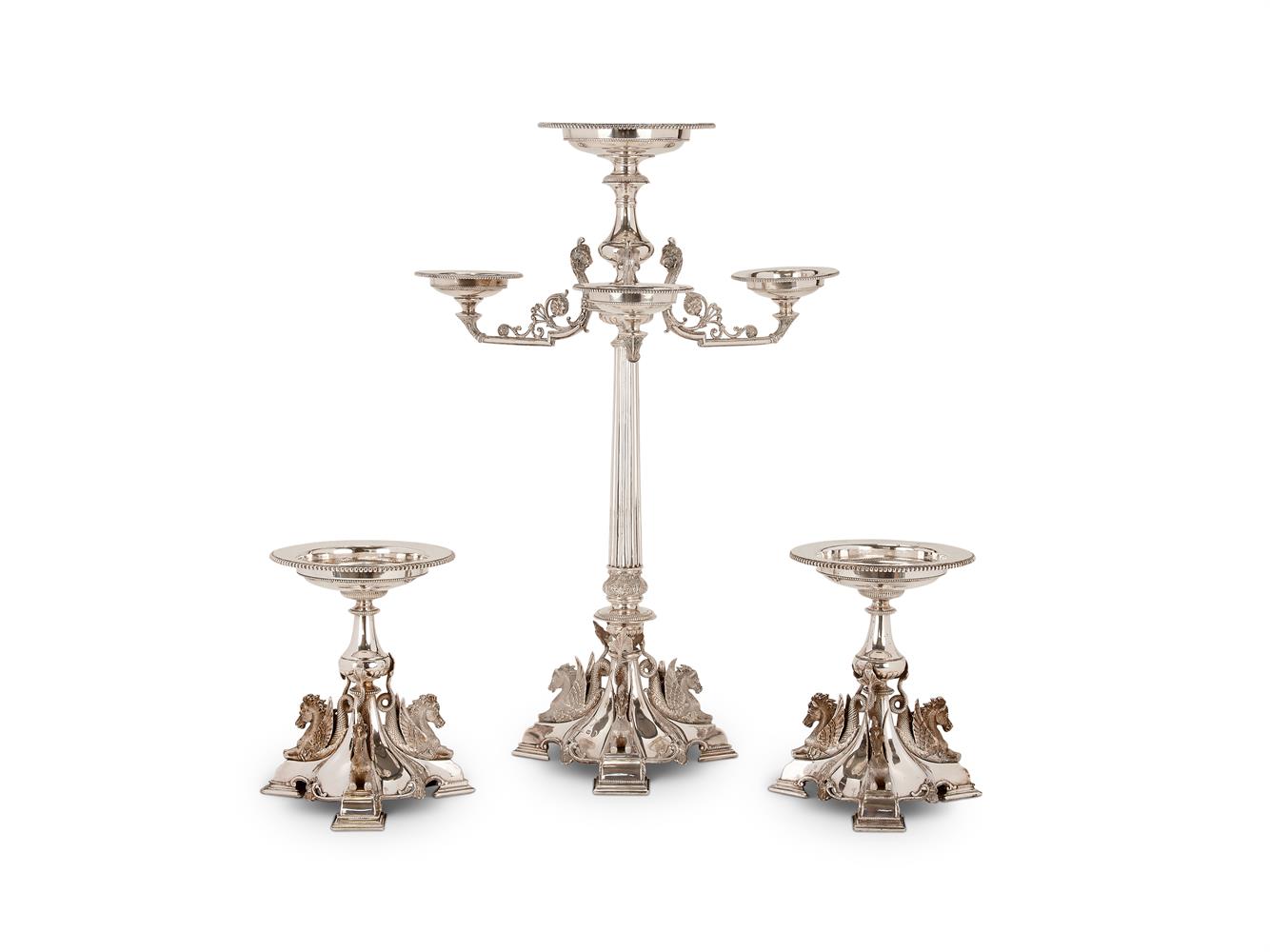 A VICTORIAN SILVER THREE BRANCH EPERGNE OR CENTREPIECE BY HORACE WOODWARD & CO.