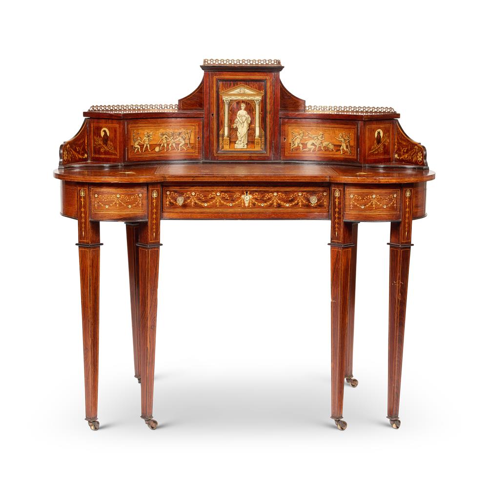 Y A LATE VICTORIAN ROSEWOOD AND IVORY MARQUETRY KIDNEY SHAPED DESK