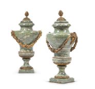 A PAIR OF FRENCH GREEN MARBLE AND ORMOLU MOUNTED BALUSTER SHAPED VASES