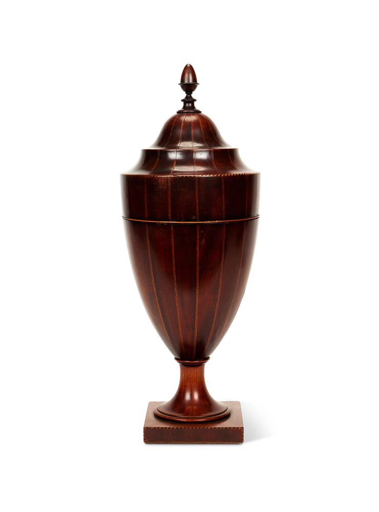 A GEORGE III MAHOGANY AND INLAID CUTLERY URN, CIRCA 1800