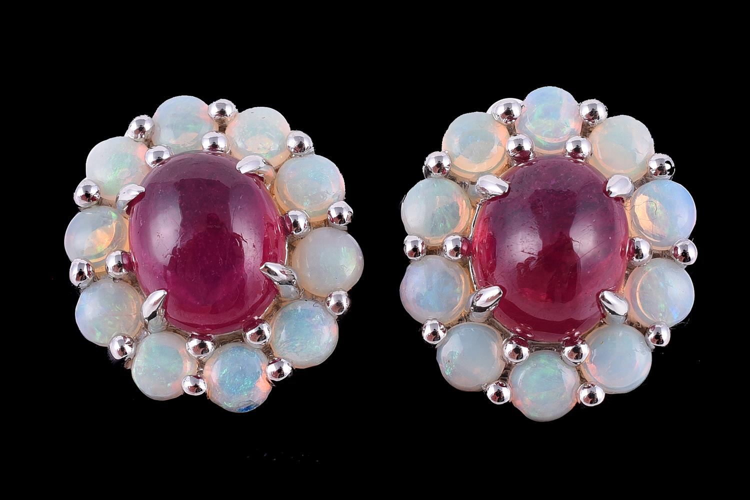 A pair of opal and ruby cluster earrings