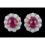 A pair of opal and ruby cluster earrings