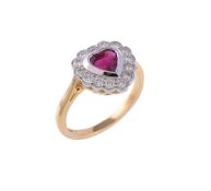 A ruby and diamond heart shaped cluster ring