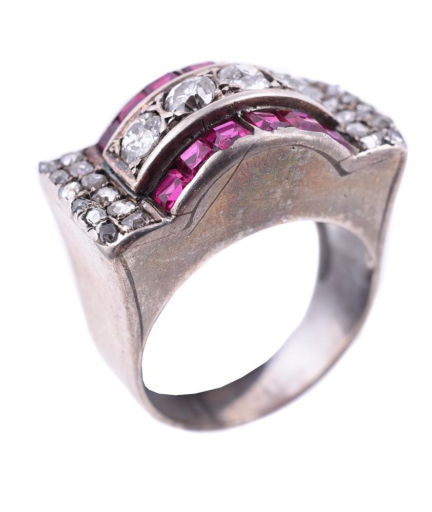 A 1940s synthetic ruby and diamond Odeonesque dress ring