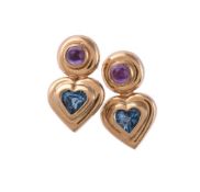 A pair of amethyst and blue topaz earrings