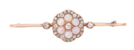 A late Victorian opal and diamond cluster bar brooch