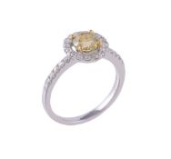 A diamond and yellow diamond cluster ring