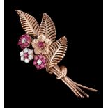 A 1970s synthetic ruby and diamond floral spray brooch