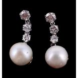 A pair of diamond and cultured pearl earrings