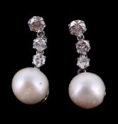 A pair of diamond and cultured pearl earrings