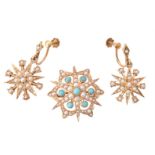 A late Victorian seed pearl and turquoise brooch and seed pearl star earrings