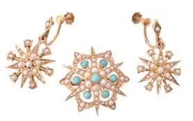 A late Victorian seed pearl and turquoise brooch and seed pearl star earrings
