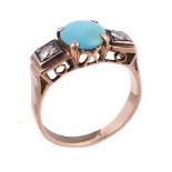 A mid 20th century turquoise and diamond three stone ring