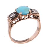 A mid 20th century turquoise and diamond three stone ring