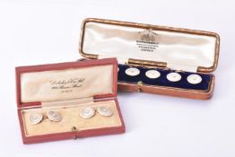 Y A pair of early 20th century mother of pearl and pearl cufflinks and six cased buttons