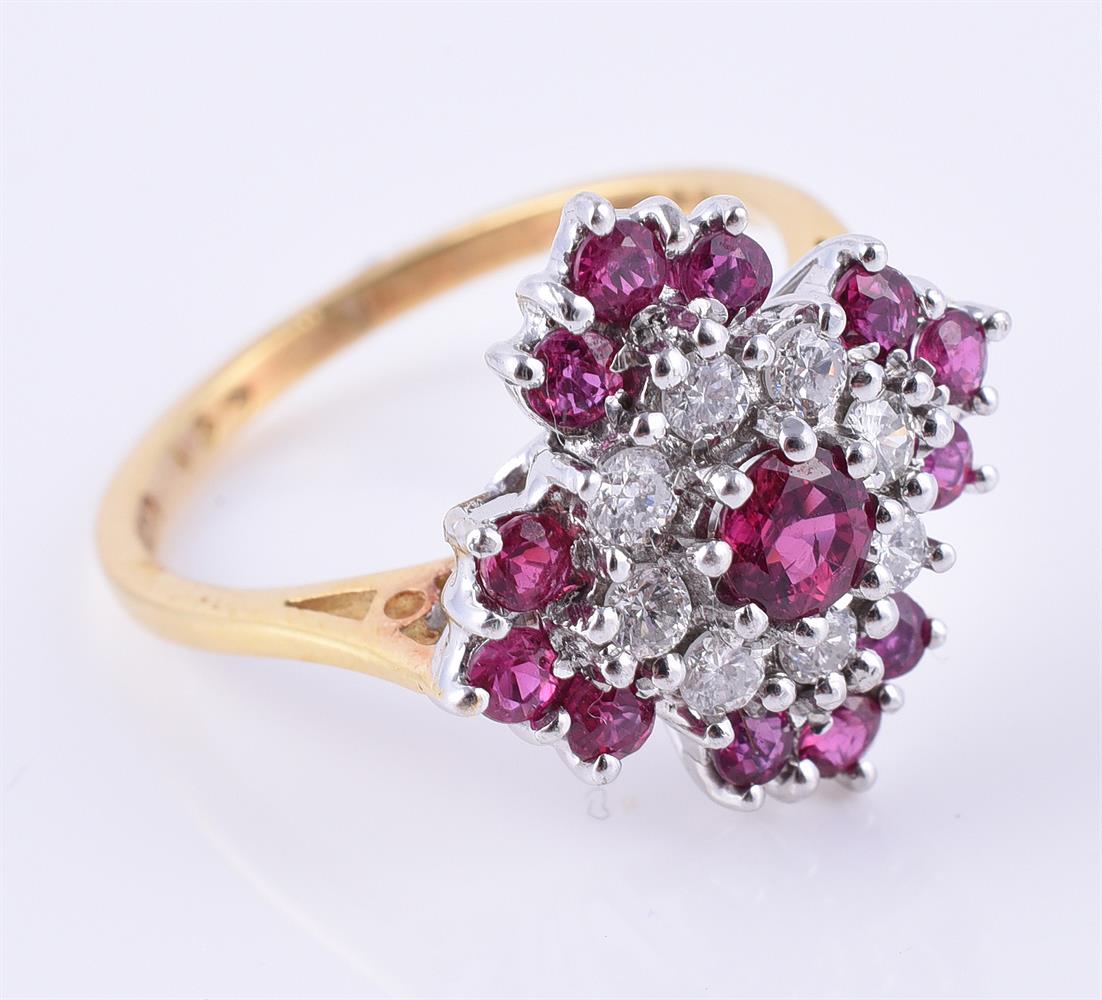 A diamond and synthetic ruby cluster ring