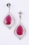 A pair synthetic ruby and diamond drop earrings