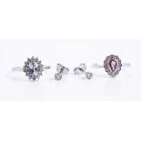 A 9 carat white gold pink sapphire and diamond pear shaped cluster ring