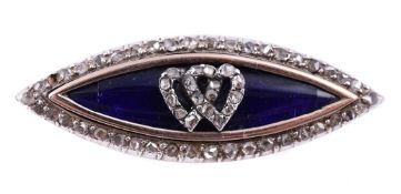 A navette shaped rose cut diamond and blue enamel brooch