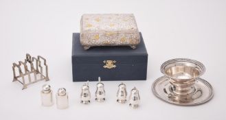 A collection of silver and silver coloured items