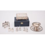 A collection of silver and silver coloured items