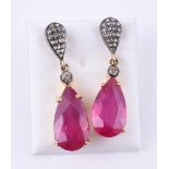 A pair of synthetic ruby and diamond drop earrings